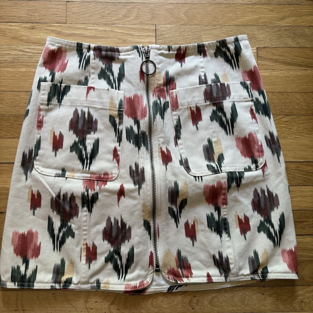 Sézane Fox Denim Mini Skirt Ikat Rainbow Floral Womens 34 French Chic Boho Retro